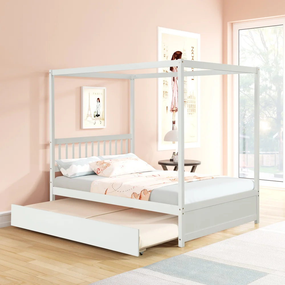 Full Size Canopy Bed with Twin Trundle for Kids Solid Timber Platform Bed