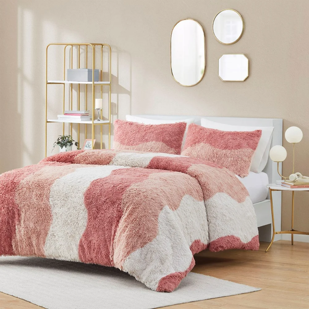 King Cal King Ombre Shaggy Faux Fur Comforter Set Multicolor Polyester
