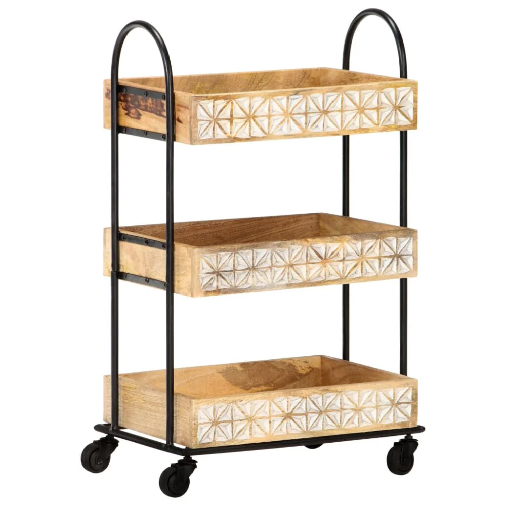 3-Tier Kitchen Trolley 18.1x11.8x29.9 Inches Solid Mango Wood Rolling Cart