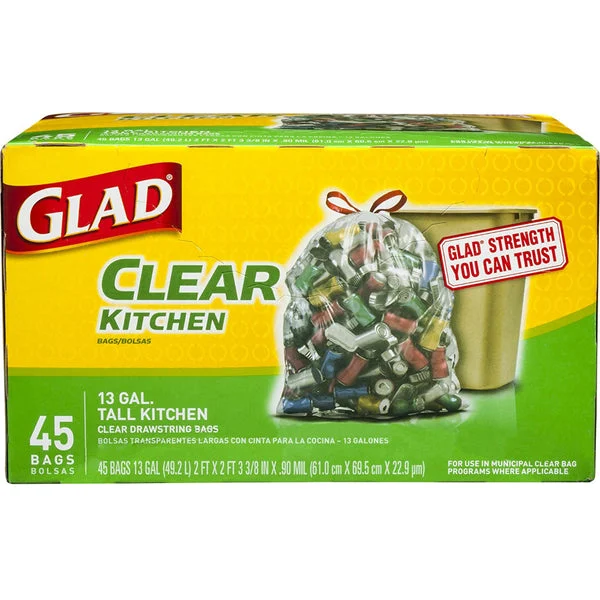 Glad 78543 Recycling Tall Kitchen Drawstring Clear Bags 13 Gallon 45 Count