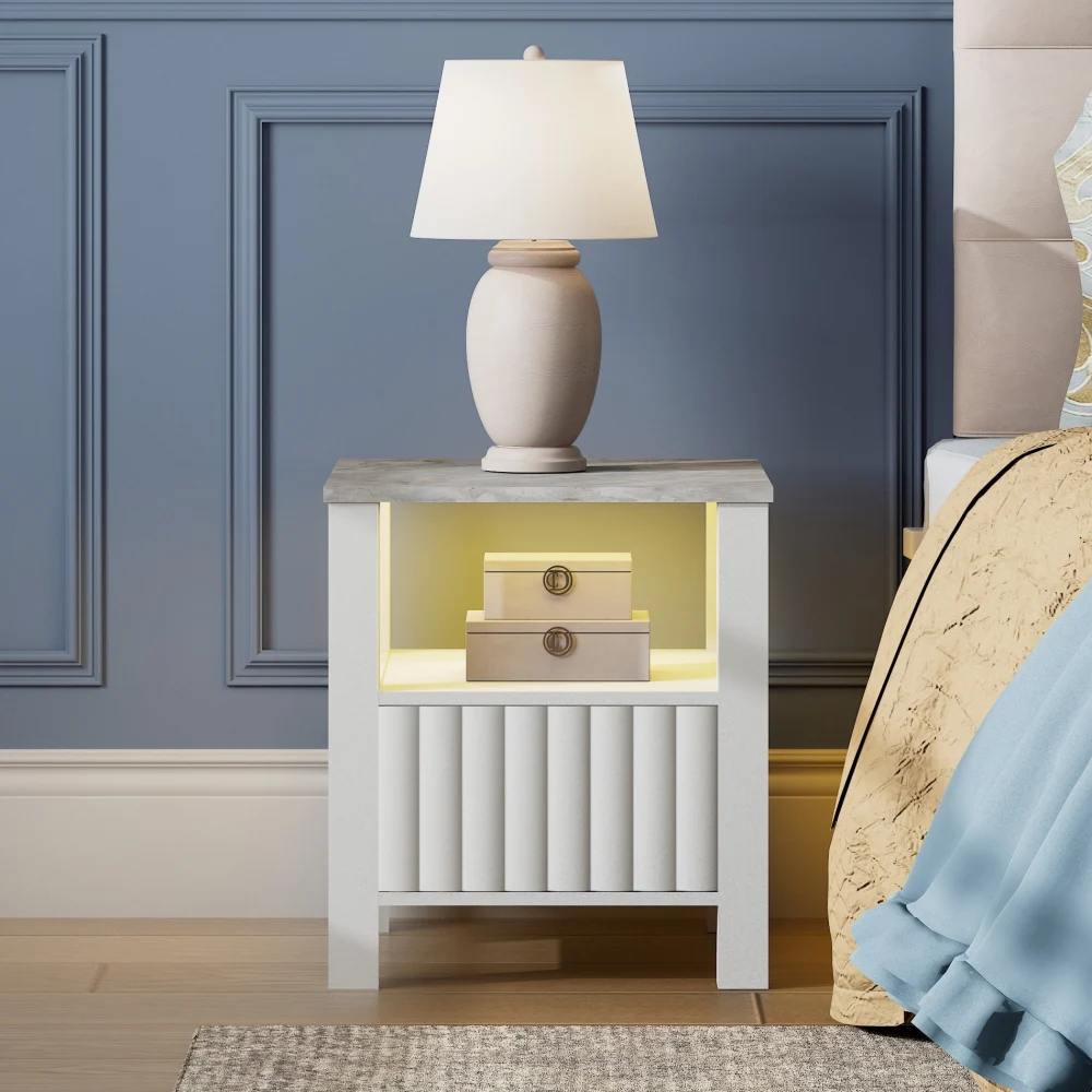 LED End Table with Door and Open Storage White Modern Nightstand Side Table for Bedroom Living Room