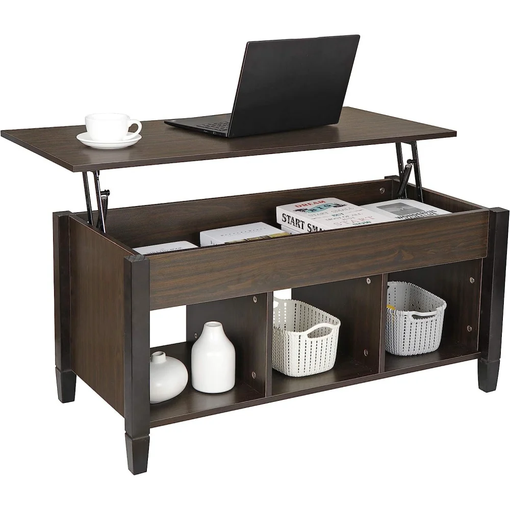 Bilot Wood Lift Top Coffee Table with Hidden Compartment and 3 Storage Shelves Modern Rising Dining Table 41 Inch Espresso