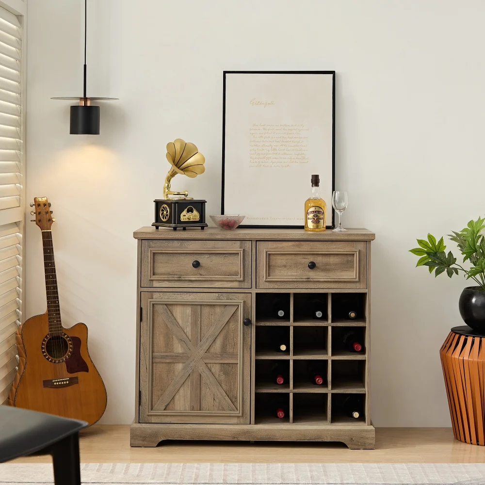 Farmhouse Liquor Cabinet Bar Cabinet with 2 Drawers Wine Storage Bar Furniture