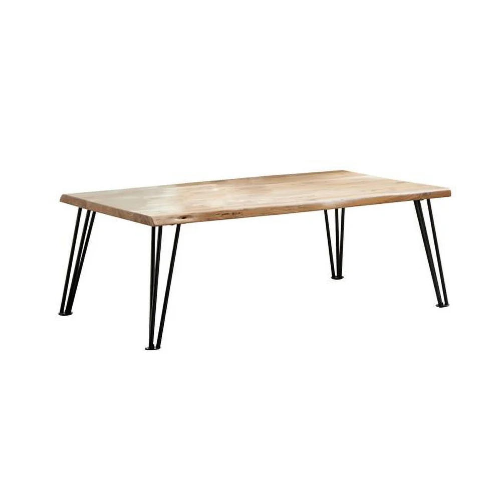 50 Inch Riz Live Edge Black Iron Hairpin Legs Rectangular Coffee Table in Brown