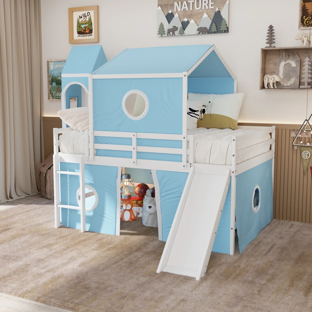Full Dimensions Loft Bed with Slide Pink Tent and Tower Blue