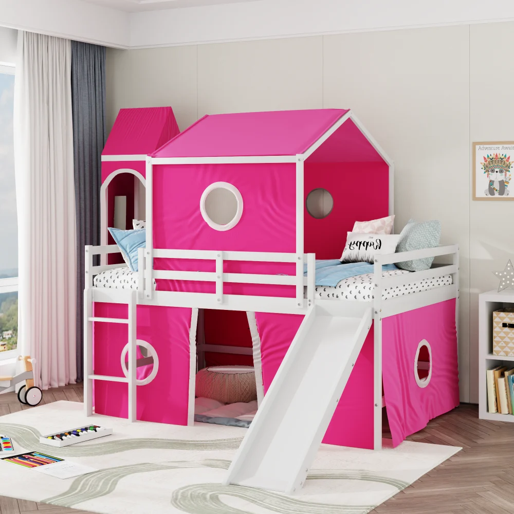 Pink Full Size Loft Bed with Slide Tent and Tower