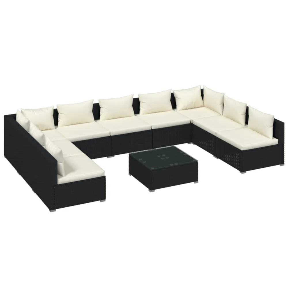 10 Piece Patio Lounge Set with Cushions Black Poly Rattan Complete Outdoor Set