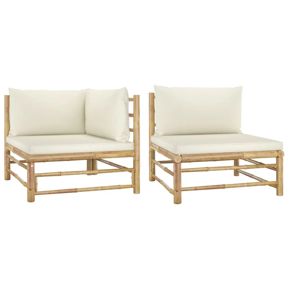 2 Piece Patio Lounge Set with Cream White Cushions Bamboo Outdoor Furniture