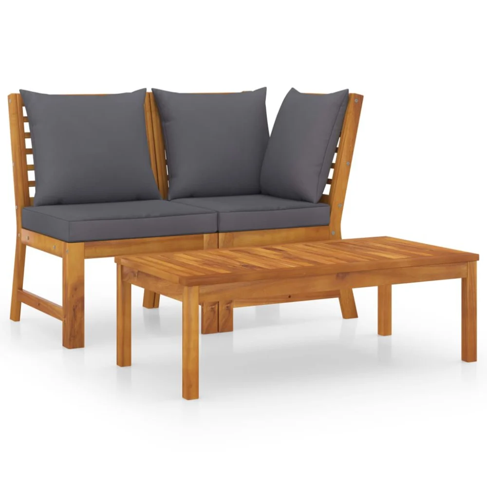 3 Piece Patio Lounge Set with Dark Gray Cushion Solid Acacia Wood Outdoor Seating