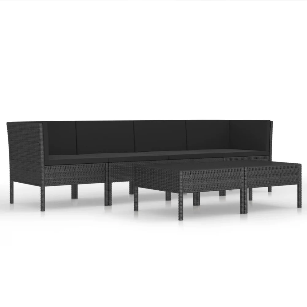 6 Piece Black Poly Rattan Patio Lounge Set with Cushions Outdoor Furniture