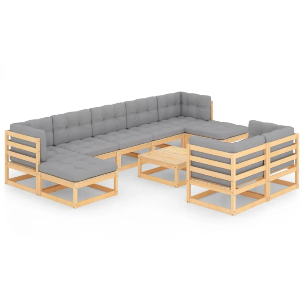 10 Piece Patio Lounge Set with Cushions Solid Wood Pine Outdoor Furniture