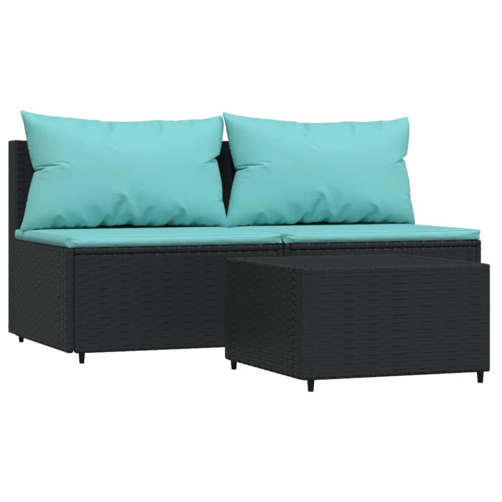 3 Piece Patio Lounge Set with Cushions Black Poly Rattan for Outdoor Living