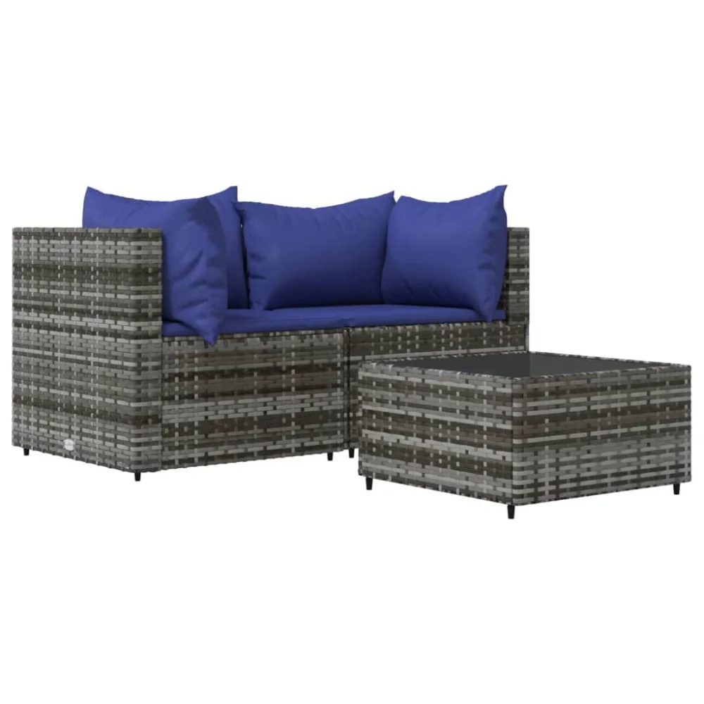 3 Piece Patio Lounge Set with Cushions Gray Poly Rattan for Garden and Patio