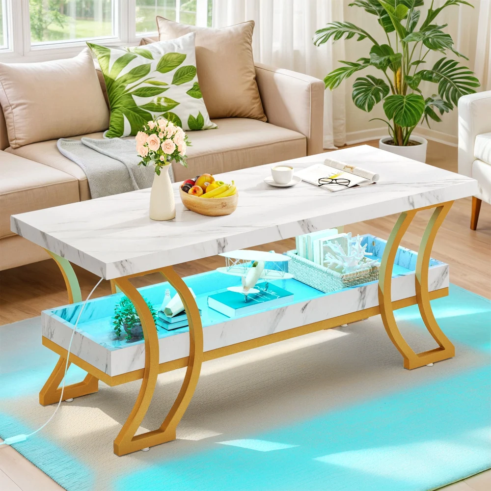 Dextrus 2-Tier Marble Coffee Table with LED Light Large Wood Center Table for Living Room Gold and White