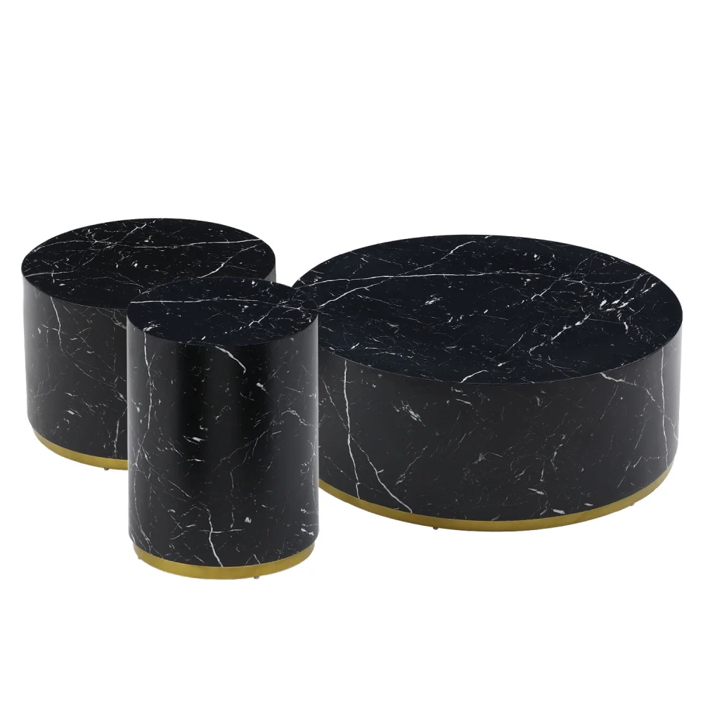 DeeHome Set of 3 Black Marble Pattern Round Coffee Table Side Table End Table Set Fully Assembled