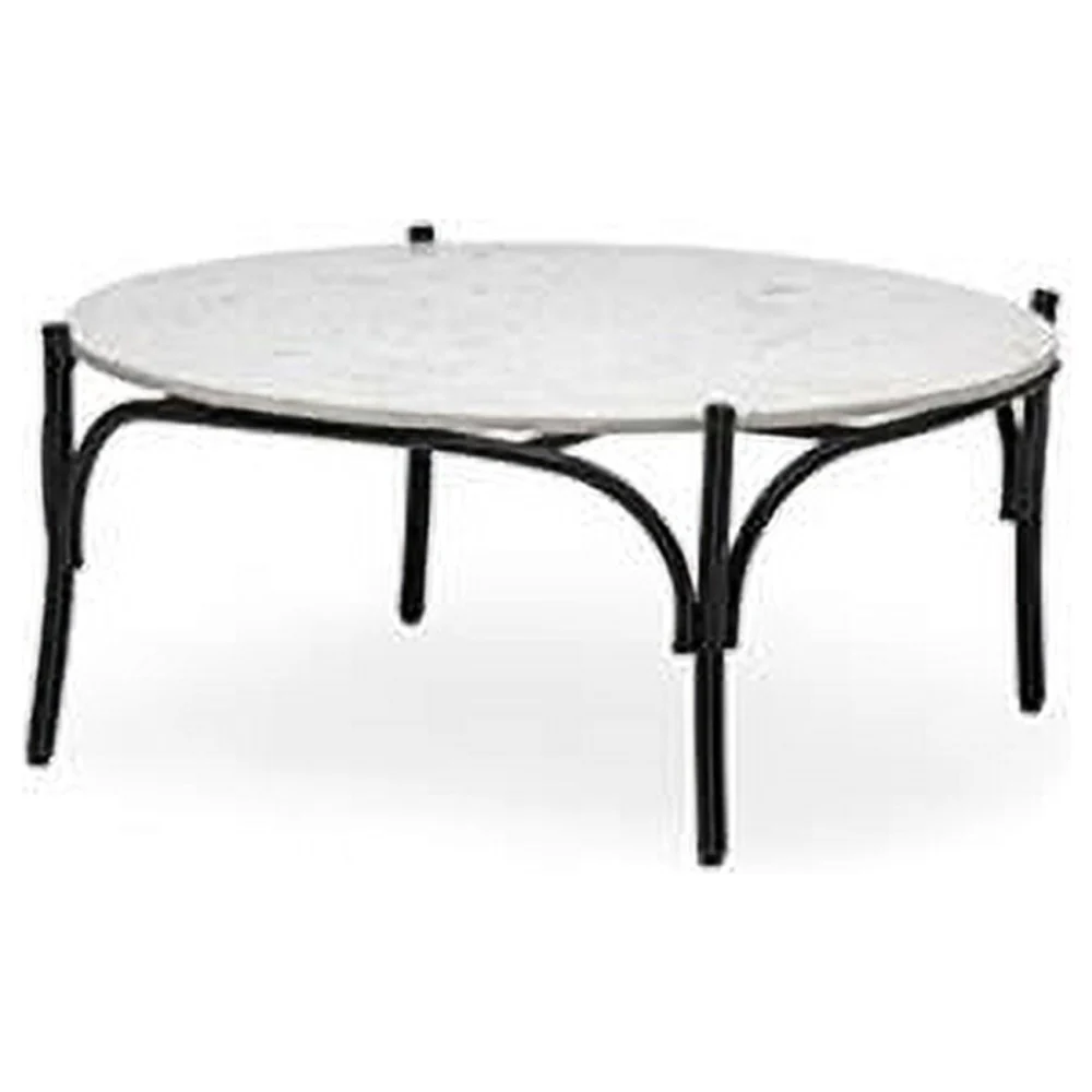HomeRoots 36 Inch Round White Marble Coffee Table with Black Metal Base