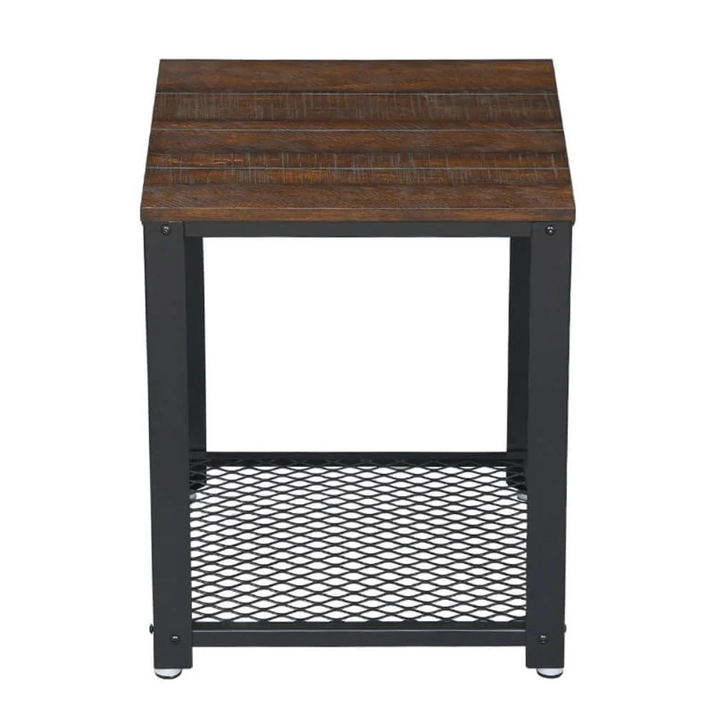 Matt 22 Inch Metal Framed End Side Table with Wood Top and Wire Mesh Open Shelf in Brown and Black