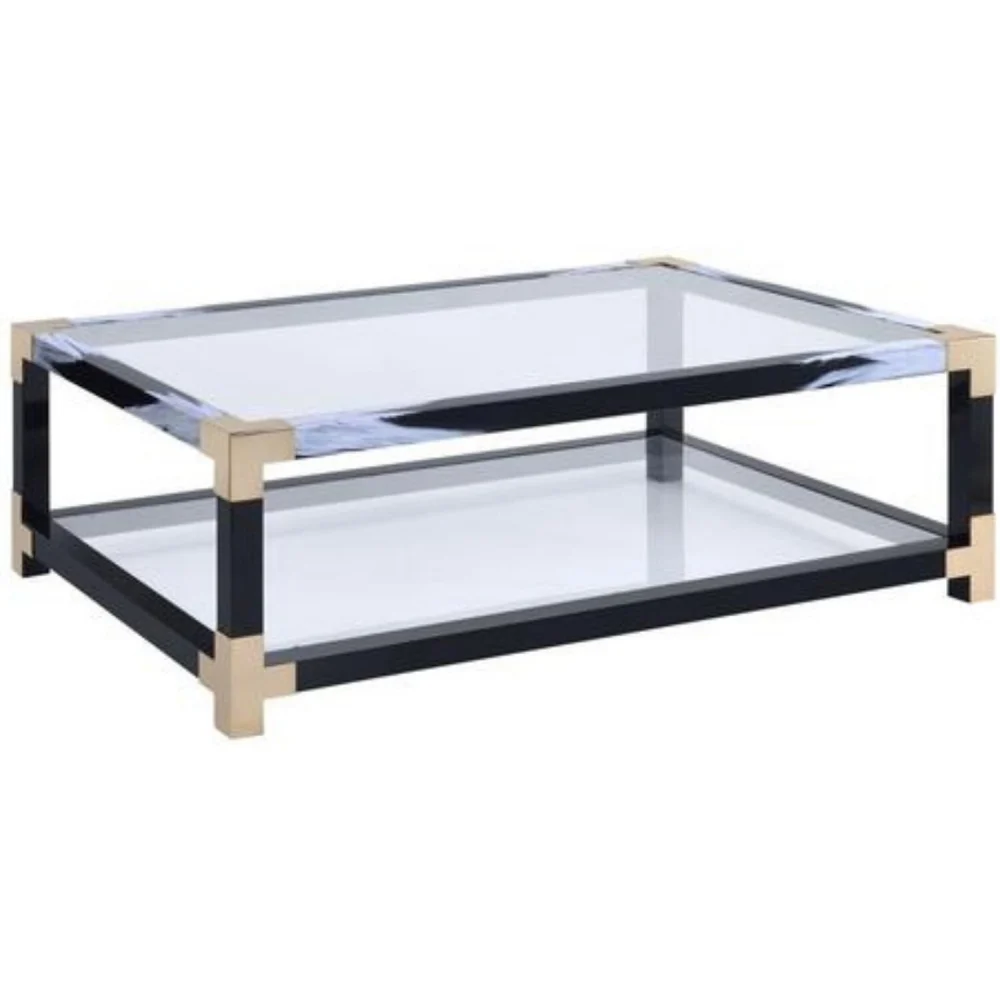 Benzara Rectangular Metal Coffee Table - Black Glass Top and Shelf
