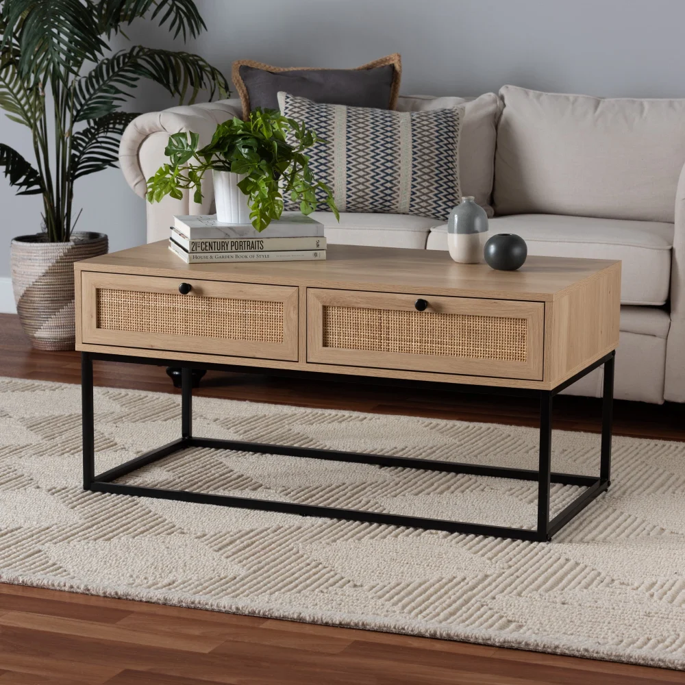 Baxton Studio Amelia Mid-Century Modern Natural Brown Wood and Rattan 2-Drawer Coffee Table