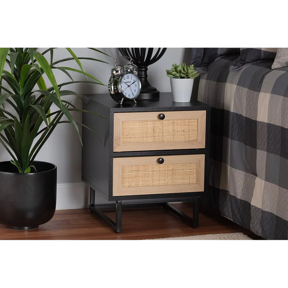 Baxton Studio Declan Mid-Century Modern Espresso Brown Wood and Rattan 2-Drawer End Table