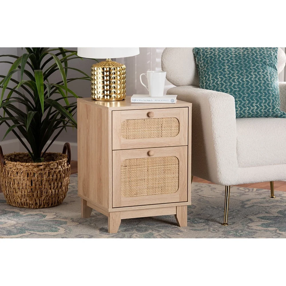 Baxton Studio Elsbeth Mid-Century Modern Light Brown Wood Rattan 1-Drawer End Table