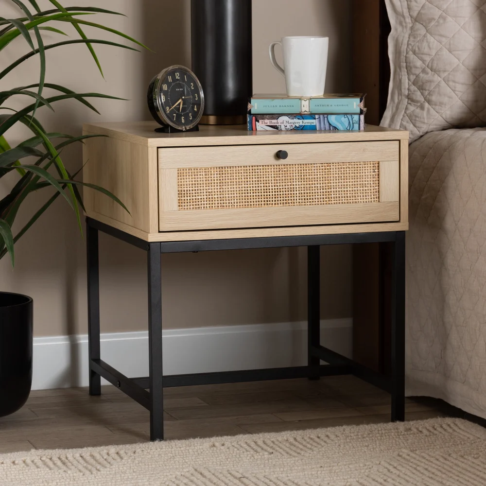 Baxton Studio Caterina Mid-Century Modern Wood and Rattan End Table with Drawer