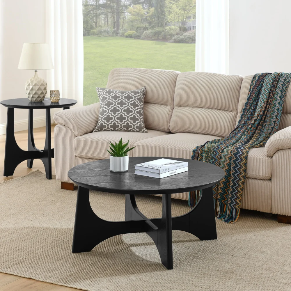 36 Inch Round Coffee Table Black Modern Minimalist Design with Birch Veneer Woodgrain Finish Durable MDF Cross Legs