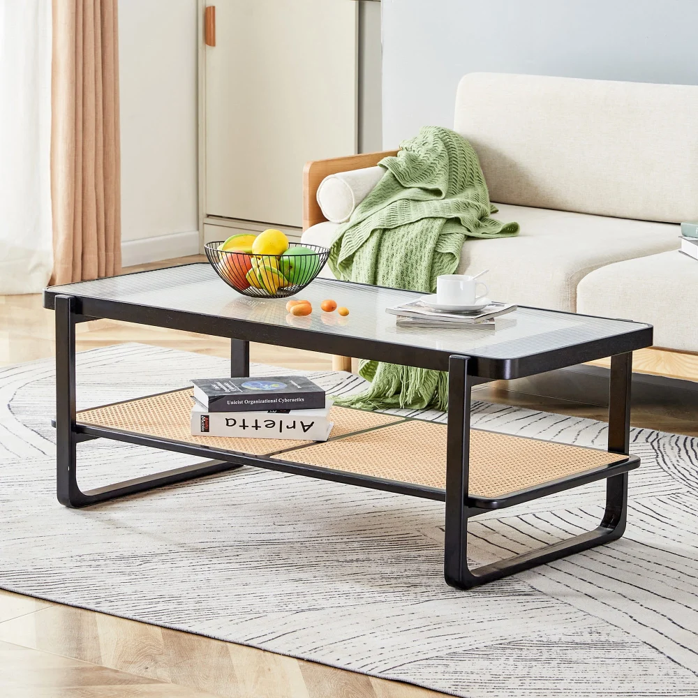 Tansole Coffee Table Modern Minimalist Rectangular Double Layer Black Solid Wood