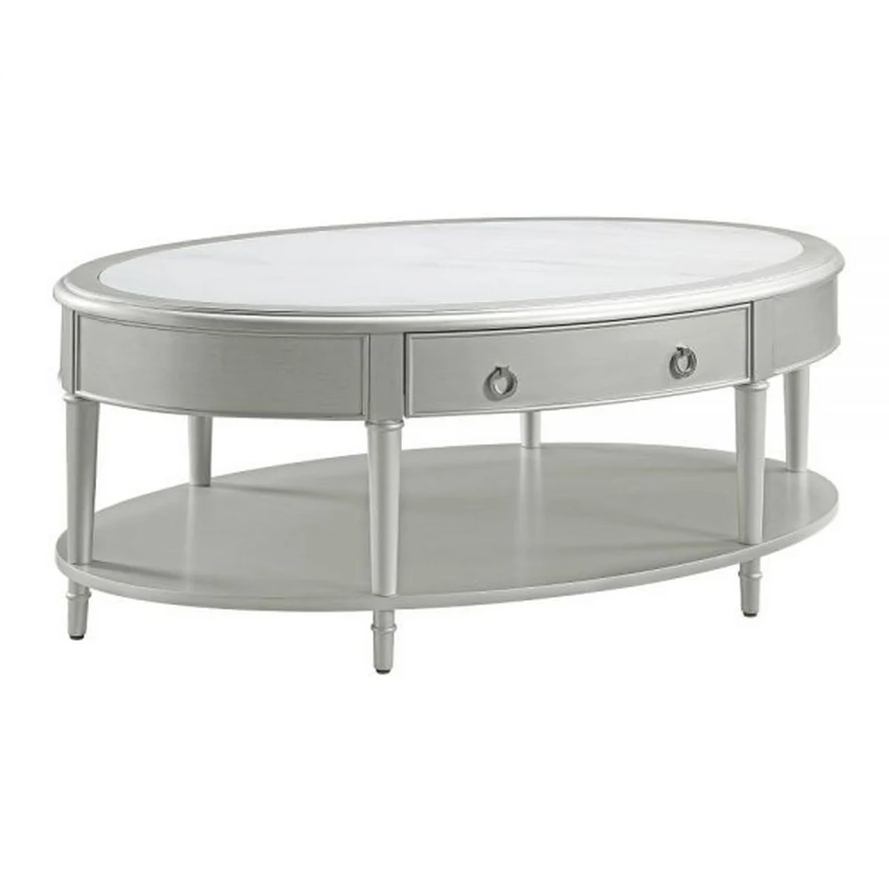 BenJara Kyna 50 Inch Coffee Table with Sintered Top and Drawer - Classic Oval Silver Design