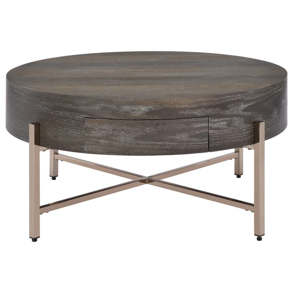 1 Drawer Round Modern Coffee Table with Crossed Metal Legs Brown Gold