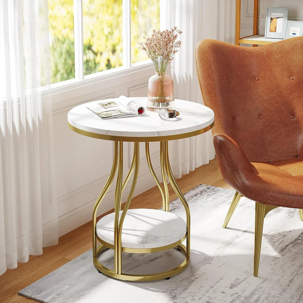 Round Side Table White Gold End Table 2-Tier Modern Bedside Table