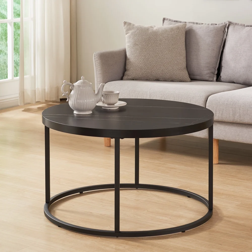 Censi 31.5 Round Coffee Table Black Marble Modern Industrial Ottoman Style Wood and Metal