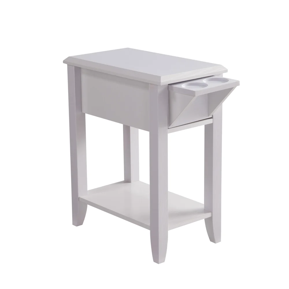24 Inch Modern Chairside Table with Extendable Drawer and Cupholders in White