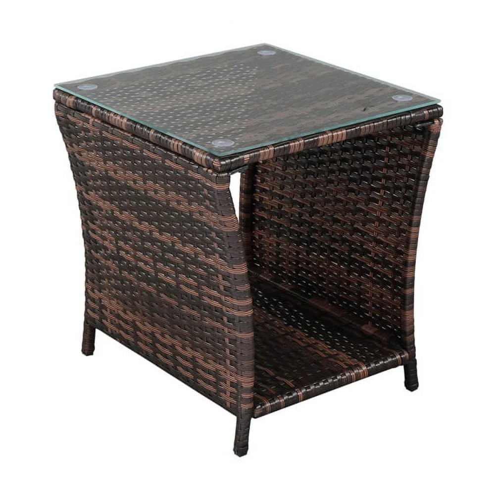Bornmio Glass Surface Brown Gradient Iron Frame Rattan Side Table