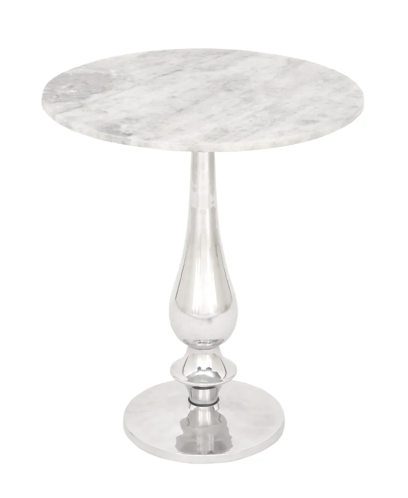 DecMode 20 x 24 White Marble Accent Table with Silver Aluminum Base - Modern Living Room Side Table