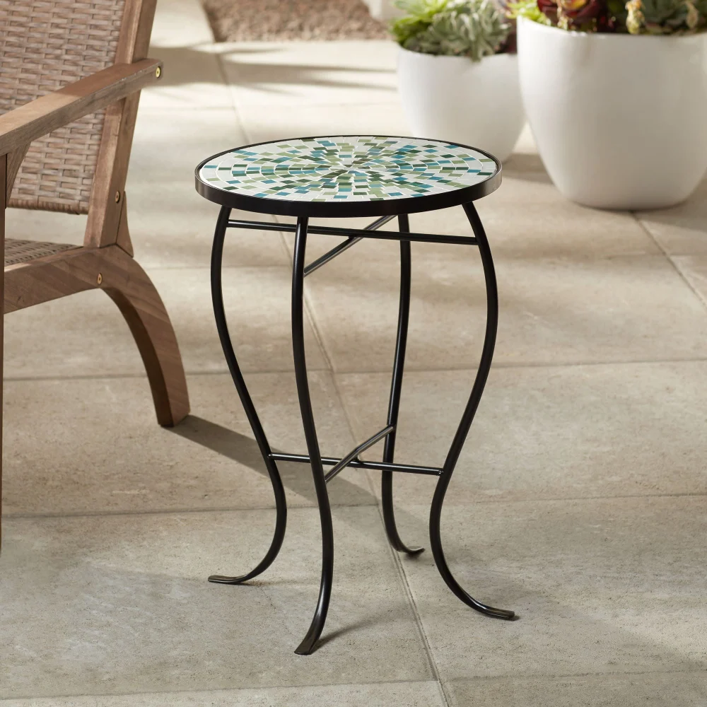 Teal Island Designs Modern Mosaic Black Round Outdoor Accent Side Table Aqua Blue