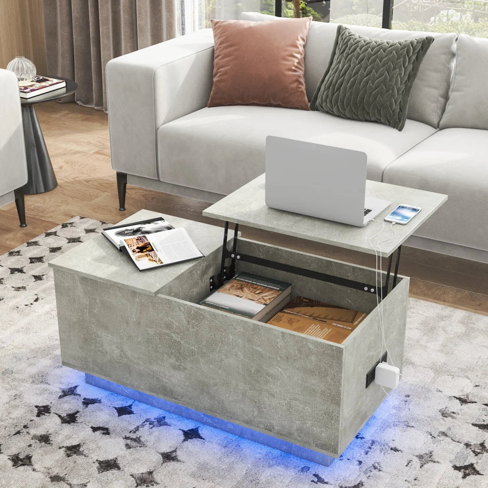 Modern LED Coffee Table with Lift Top Charging Station Hidden Compartment Side Bookshelf Living Room