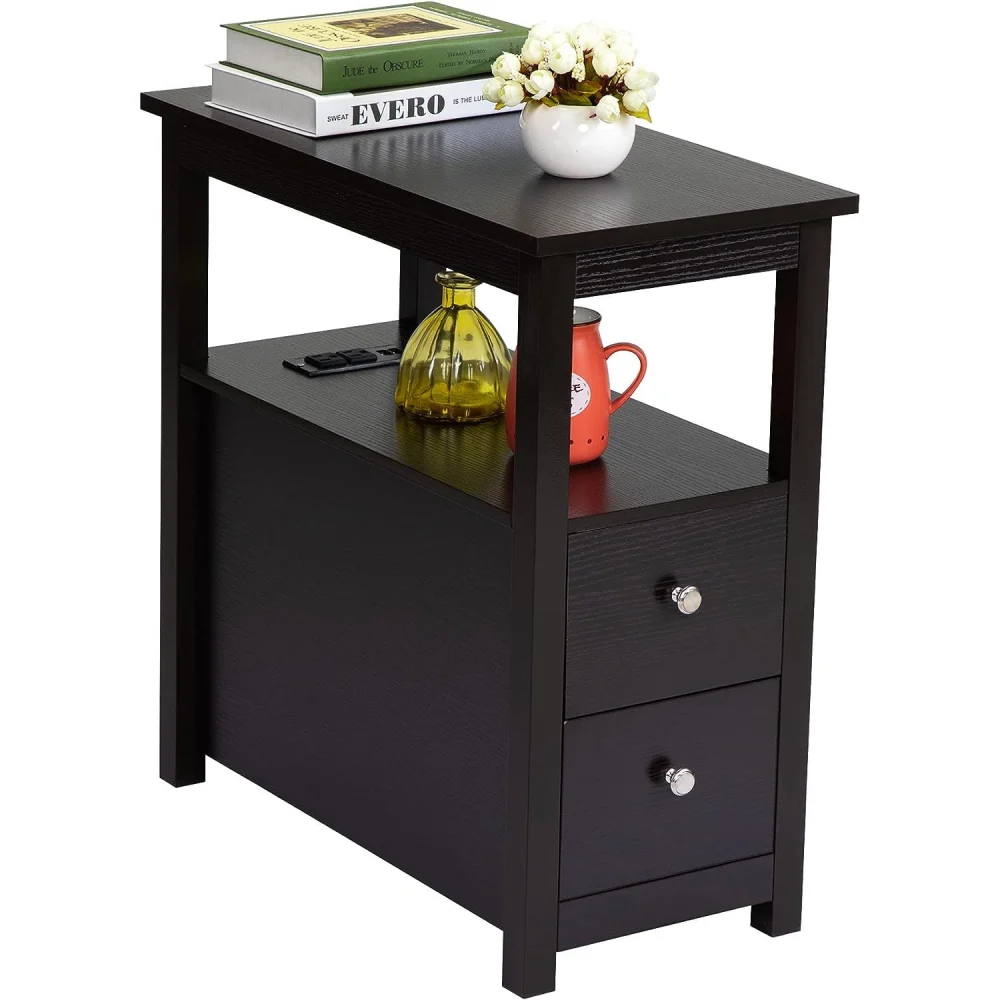 3-Tier Slim End Table with 2 Drawers and USB Ports for Living Room Espresso