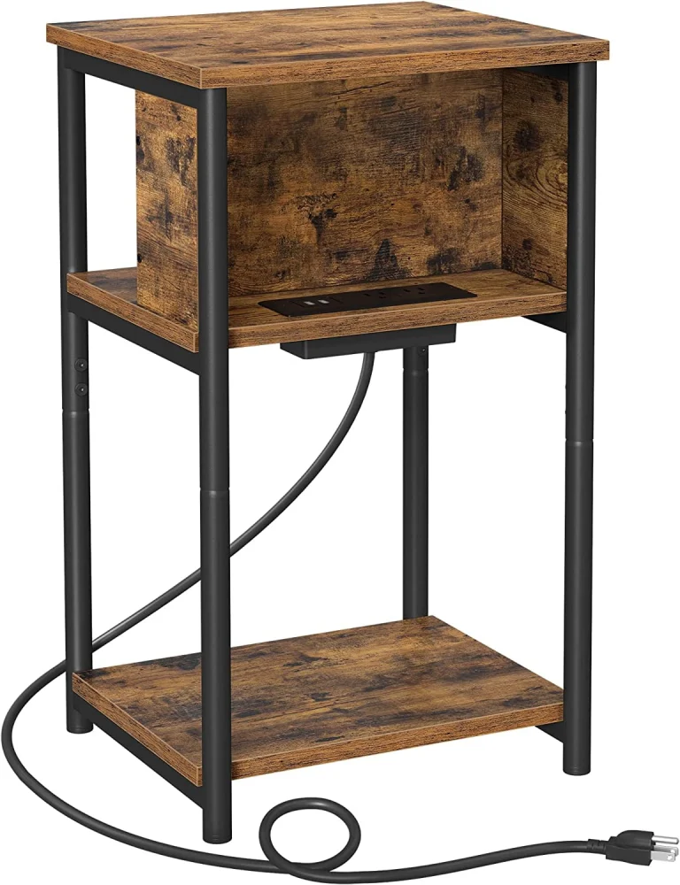 VASAGLE Side Table with Charging Station 3-Tier End Table with USB Ports and Outlets Nightstand Rustic Brown and Black