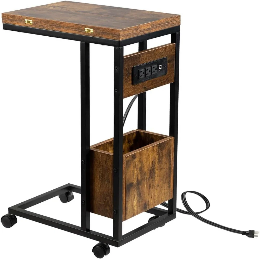 C Table End Table with Charging Station Folding C Table Rolling Tray Table Rustic Brown