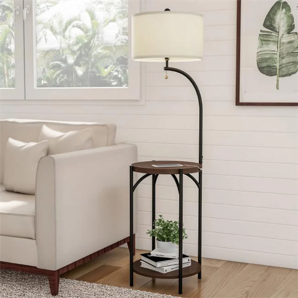 Modern Rustic Dark Brown Floor Lamp End Table with Drum Shaped Shade in Black and Off-White