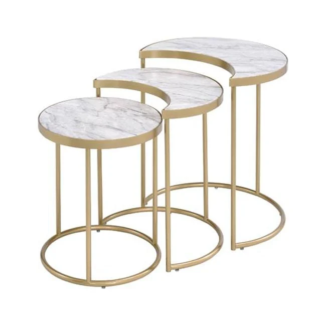 20 x 24 x 24 in Gold Faux Marble Paper Veneer Metal Round Nested Coffee Table for Living Room