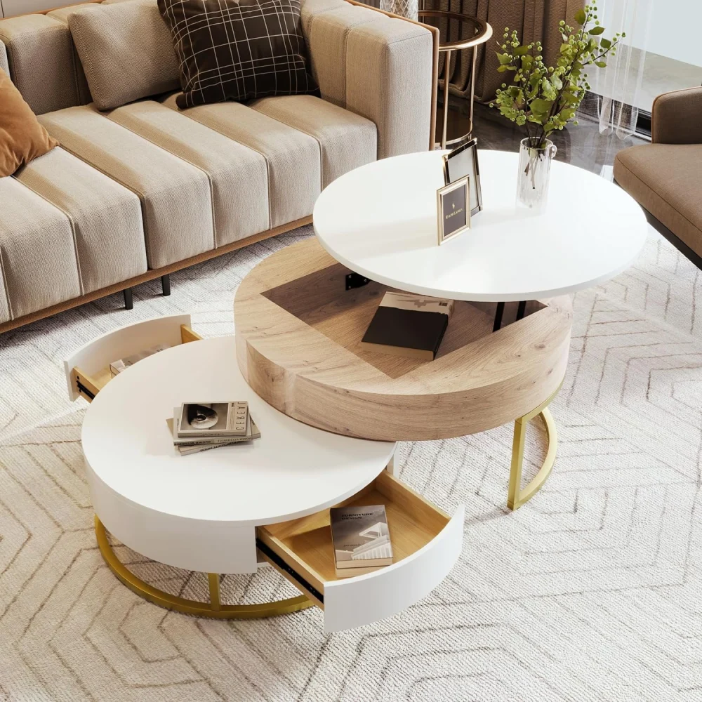 31.5 Large Nesting Coffee Table With Drawers For Living Room White Round Coffee Table Set Of 2