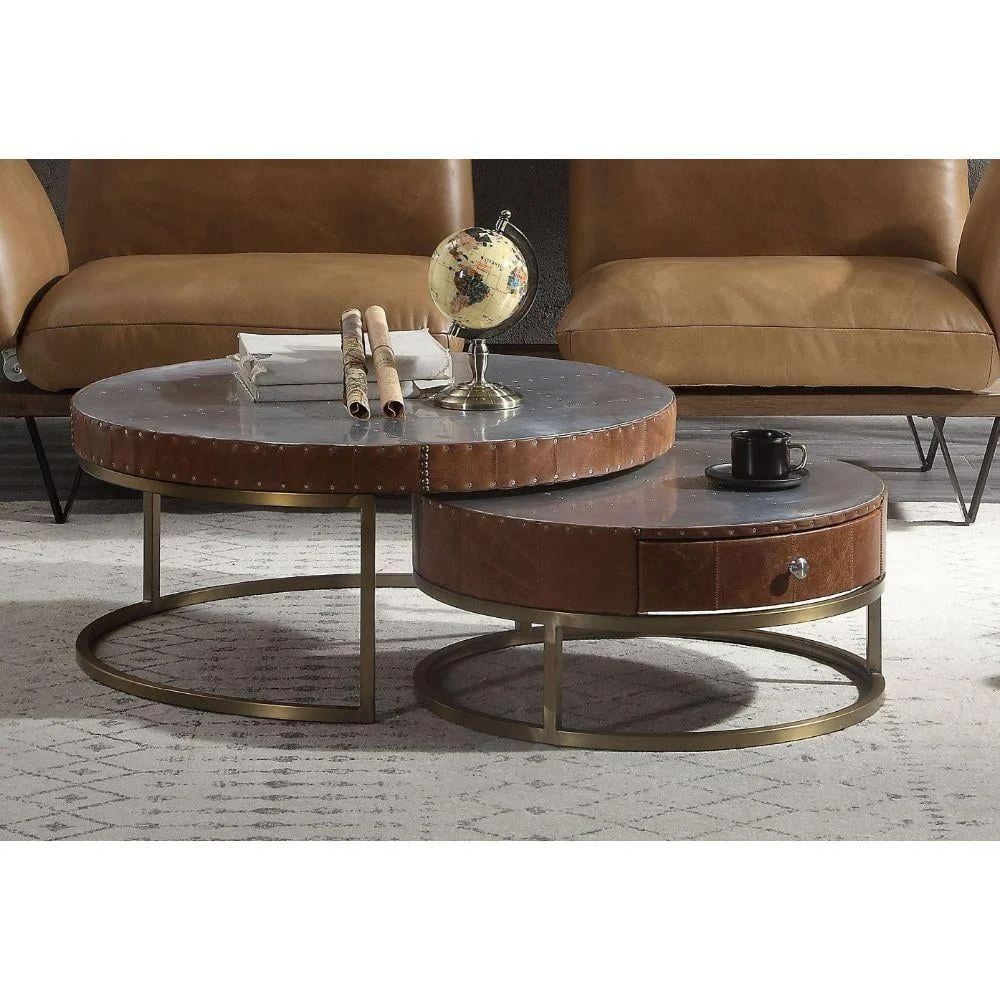 Acme Tamas Contemporary Aluminum and Cocoa Leather Nesting Tables 2-Piece