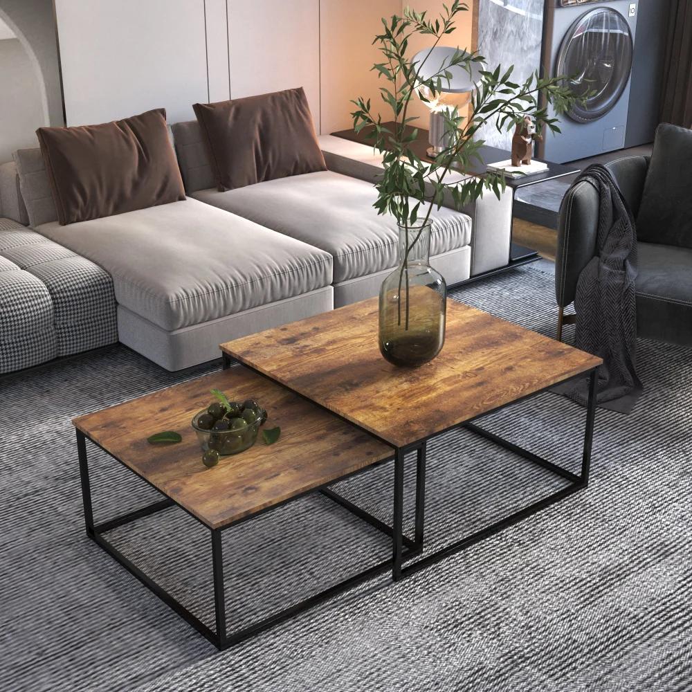 NAIYUFA Coffee Tables Industrial Wood Nesting Coffee Table Set Living Room Rectangular Tables Brown