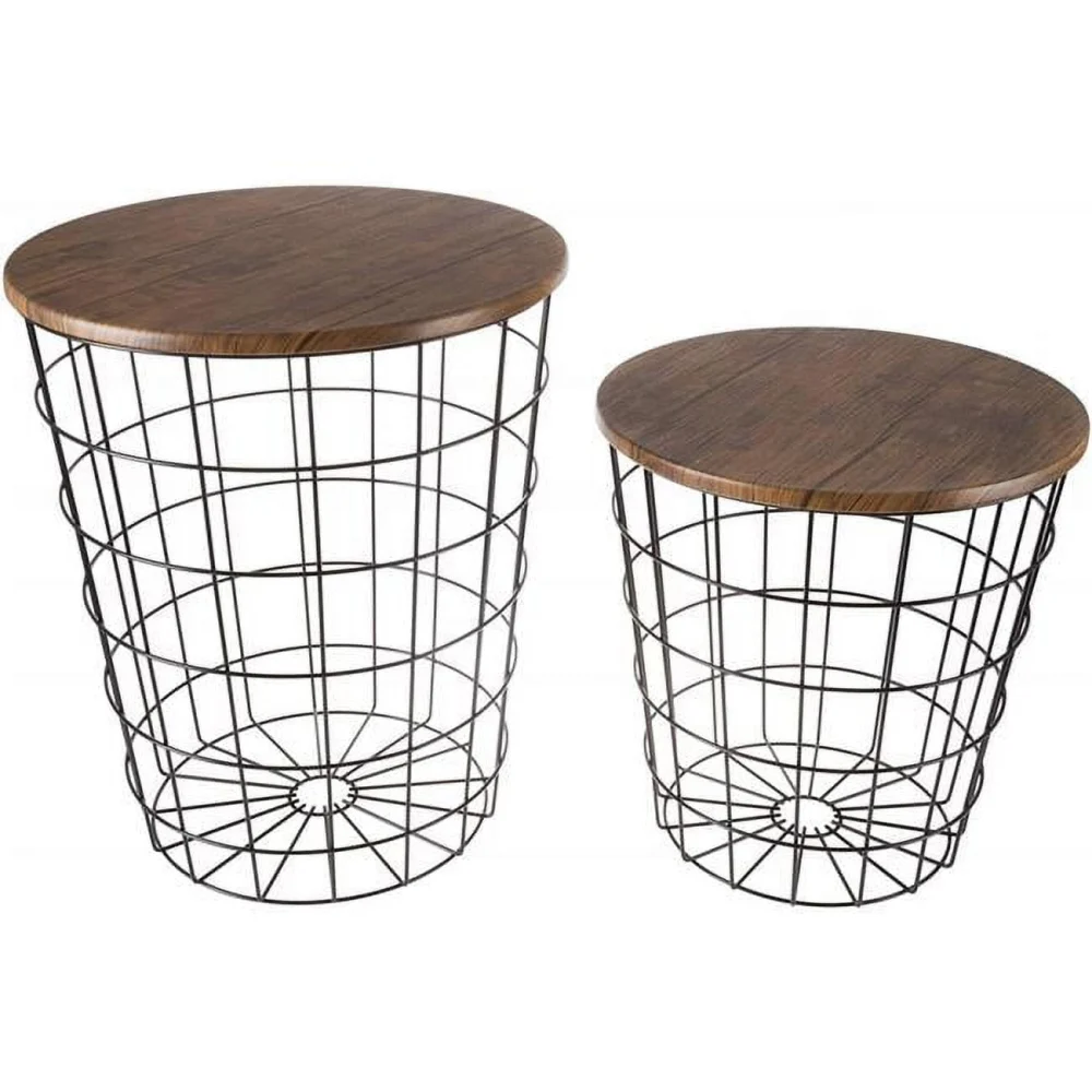Nesting End Storage Convertible Round Metal Basket Wood Veneer Top Accent Side Tables Dark Brown