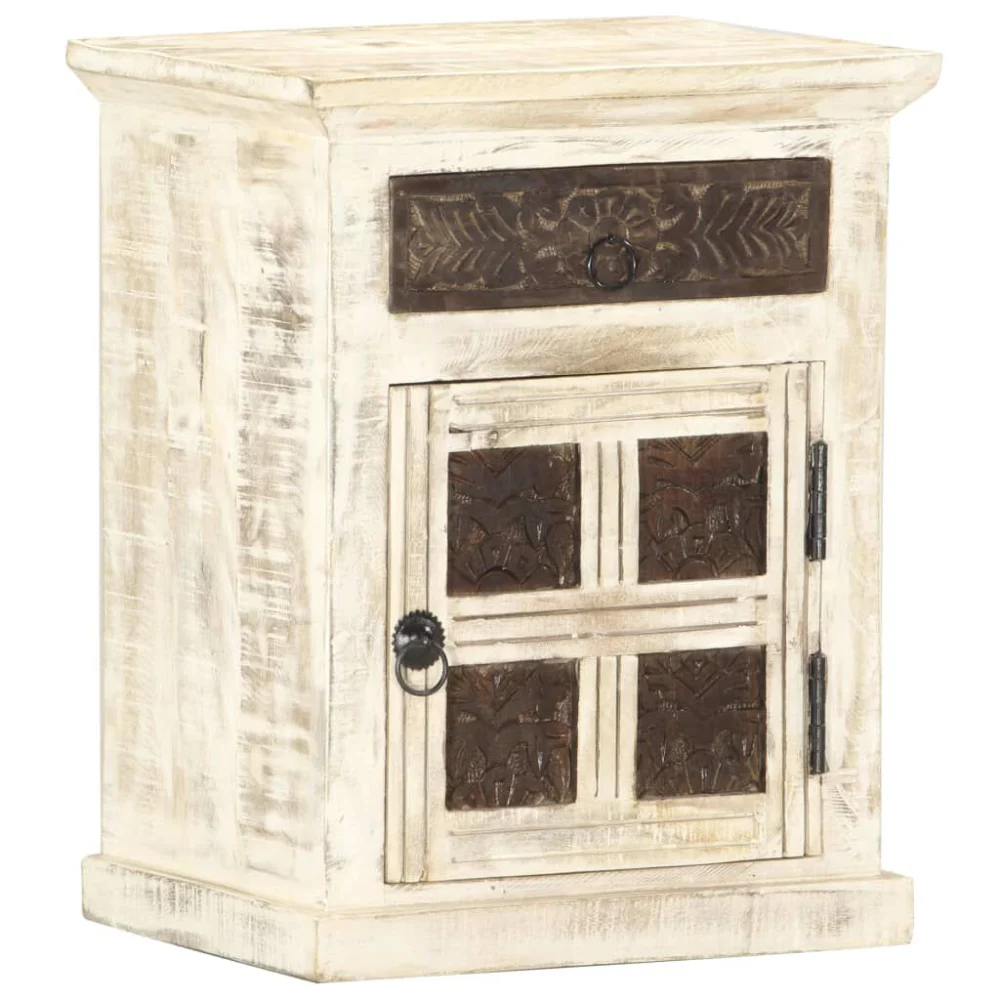 Bedside Cabinet White Solid Mango Wood 15.7x11.8 Inches Modern Nightstand
