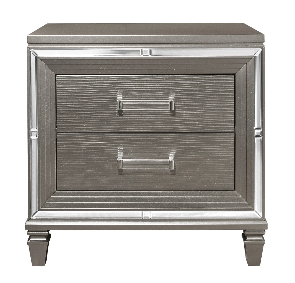 Elegant Shiny Metal Gray Nightstand with Beveled Mirror Trim for Bedroom