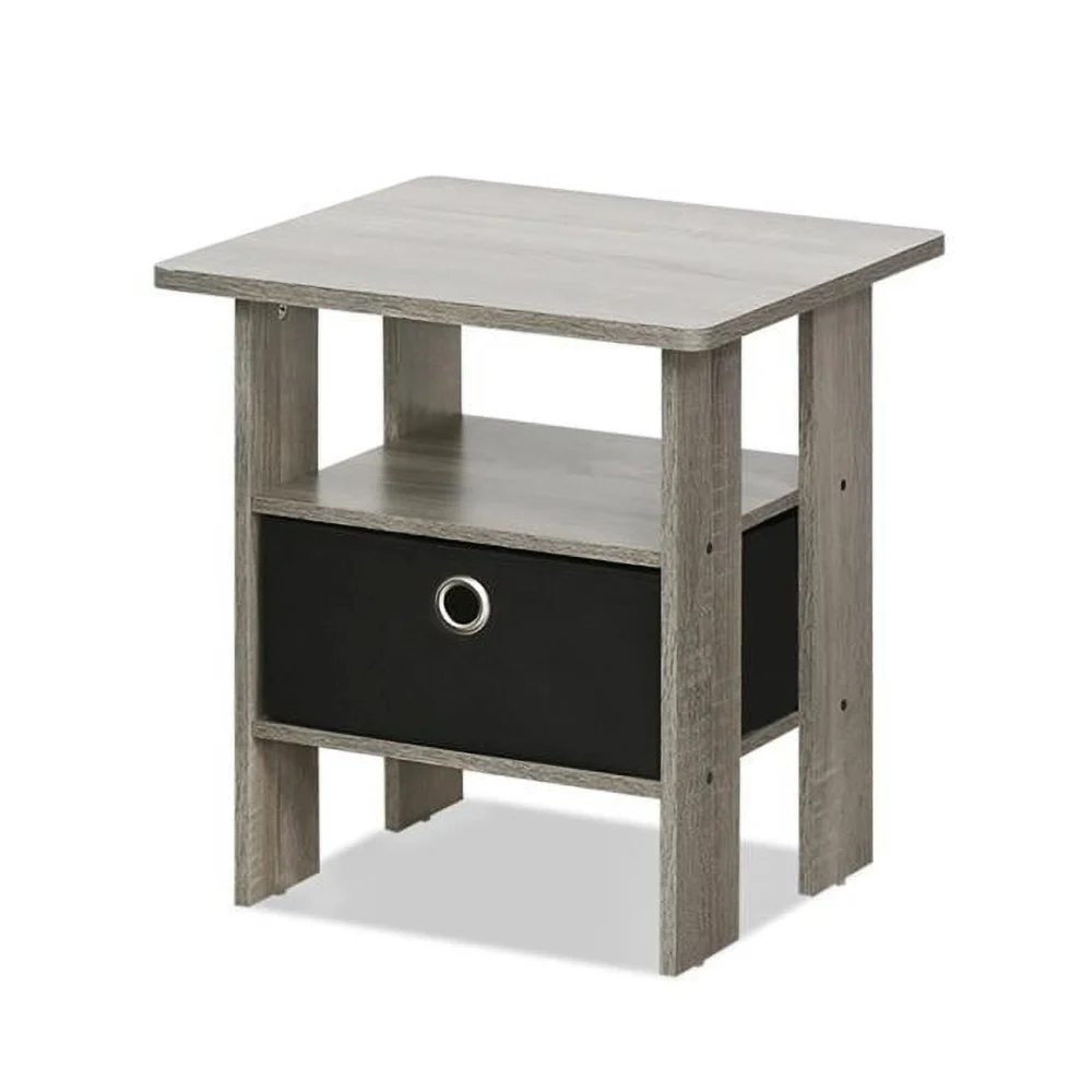 End Table Bedroom Night Stand with Bin Drawer French Oak Grey & Black