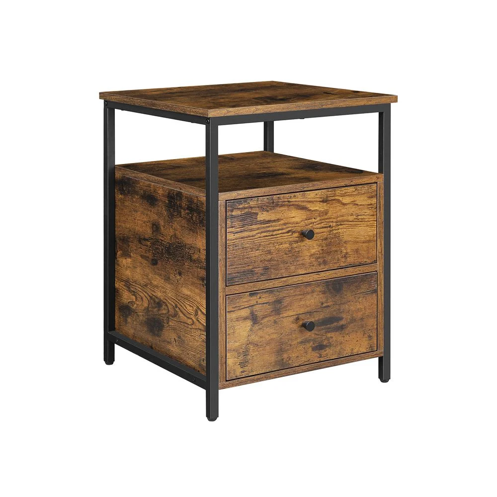 Nightstand Rustic Brown and Black with Storage Shelf